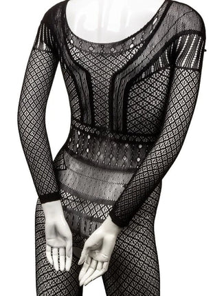 Schwarzer mesh spitzen-körperanzug mit langen ärmeln und figurbetontem design von calexotics eine größe