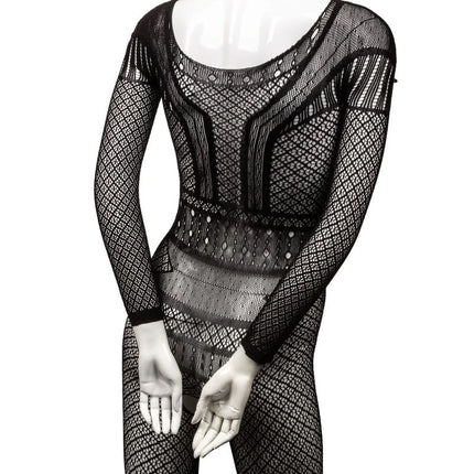 Schwarzer mesh spitzen-körperanzug mit langen ärmeln und figurbetontem design von calexotics eine größe