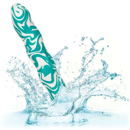 Ein schlanker teal weißer spiralmuster silikonspielzeug mit glatter glänzender oberfläche von calexotics squiggle dick persönlich