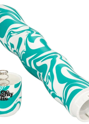 Teal und weiße marmorierte silikonvibratoren mit passendem zylindrischem deckel und naughty bits logo von calexotics