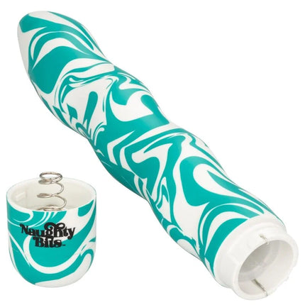 Teal und weiße marmorierte silikonvibratoren mit passendem zylindrischem deckel und naughty bits logo von calexotics
