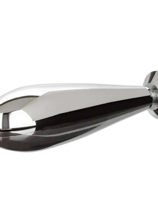 Shiny chrome finished showerhead with sleek elongated teardrop design and circular mounting base from calexotics star fucker glider plug