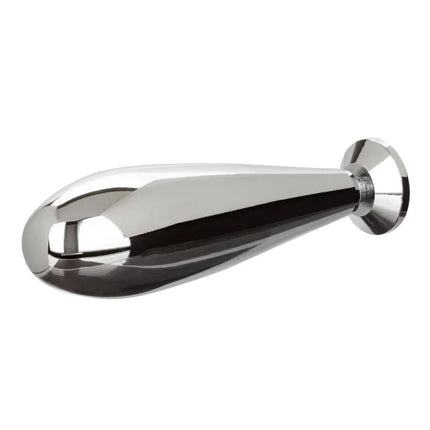 Shiny chrome finished showerhead with sleek elongated teardrop design and circular mounting base from calexotics star fucker glider plug