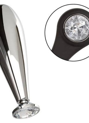Shiny chrome keychain with black rubber grip and two clear crystal accents for calexotics star fucker glider plug