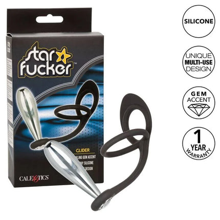 Schwarzer und silberner silikon glider plug mit edelstein detail von calexotics star fucker