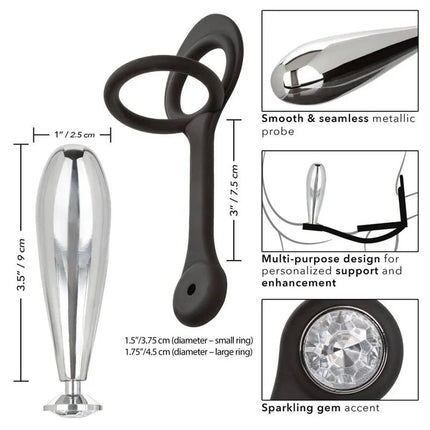 Silberner metallischer glider plug mit schwarzem silikongriff und ringen sowie funkelndem edelsteinakzent von calexotics starfucker