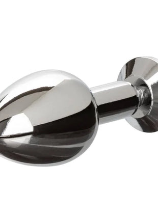 Shiny chrome-finished anal plug with smooth rounded head and cylindrical stem from calexotics star fucker mini plug