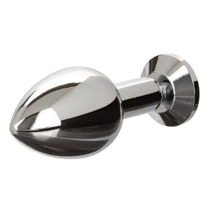 Shiny chrome-finished anal plug with smooth rounded head and cylindrical stem from calexotics star fucker mini plug