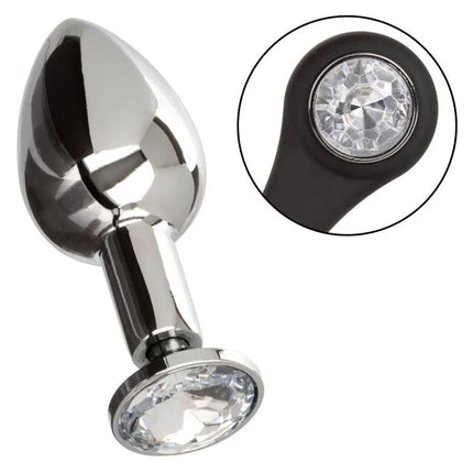 Shiny chrome-plated anal plug mit schwarzer Silikonbasis und zwei klaren facettierten Kristallen von CalExotics