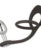 Schwarzer silikonring mit silbernem metallstecker und flexiblem stiel calexotics star fucker mini plug