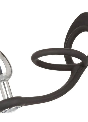 Schwarzer silikonring mit silbernem metallstecker und flexiblem stiel calexotics star fucker mini plug
