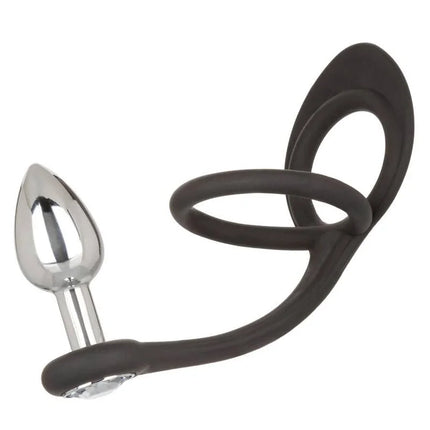 Schwarzer silikonring mit silbernem metallstecker und flexiblem stiel calexotics star fucker mini plug