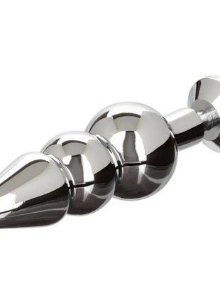 Shiny chrome-plated anal plug with tapered tip and three spherical beads from CalExotics Star Fucker Perlenstecker