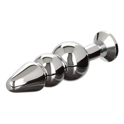 Shiny chrome-plated anal plug with tapered tip and three spherical beads from CalExotics Star Fucker Perlenstecker