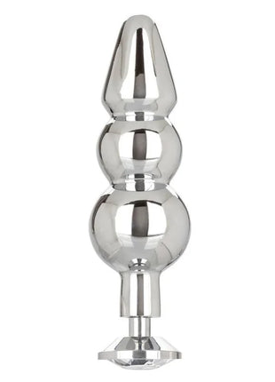 Shiny chrome-plated anal plug with tapered tip three spherical segments and faceted base calexotics star fucker perlenstecker