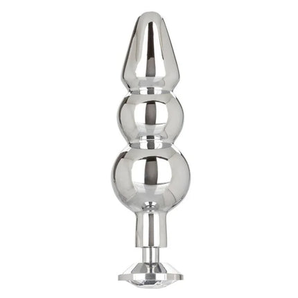 Shiny chrome-plated anal plug with tapered tip three spherical segments and faceted base calexotics star fucker perlenstecker