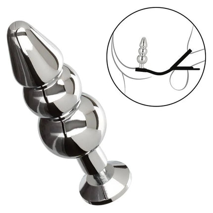 Shiny chrome-plated anal plug with tapered segmented design and rounded base from calexotics star fucker perlenstecker