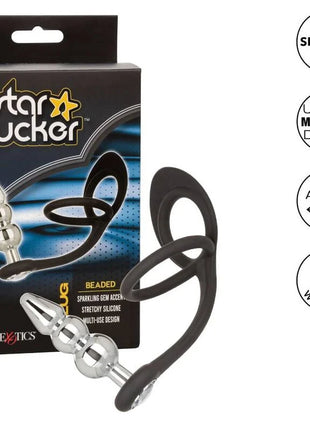 Schwarzer und silberner silikonperlenstecker mit steinakzent von calexotics star fucker serie