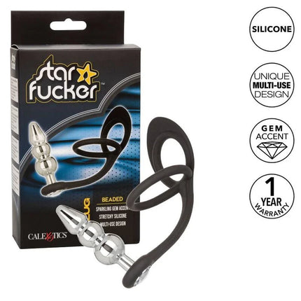 Schwarzer und silberner silikonperlenstecker mit steinakzent von calexotics star fucker serie