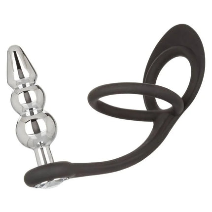 Silberner glänzender segmentierter analplug mit schwarzem silikonring und griff von calexotics star fucker perlenstecker