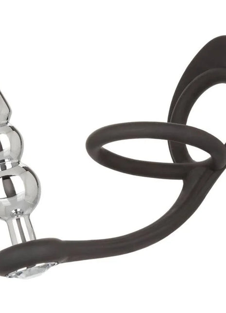 Silberner glänzender segmentierter analplug mit schwarzem silikonring und griff von calexotics star fucker perlenstecker