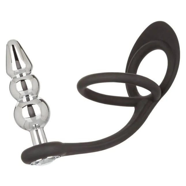 Silberner glänzender segmentierter analplug mit schwarzem silikonring und griff von calexotics star fucker perlenstecker