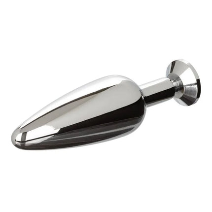 Shiny chrome finished anal plug with smooth tapered design and rounded base from calexotics star fucker slim plug