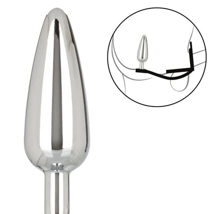 Shiny chrome-plated anal plug with tapered teardrop head and smooth cylindrical shaft from calexotics star fucker slim plug
