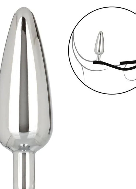 Shiny chrome-plated anal plug with tapered teardrop head and smooth cylindrical shaft from calexotics star fucker slim plug