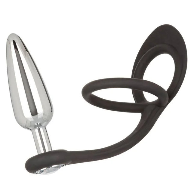 Schwarzer silikonring mit verchromter metallsonde calexotics star fucker slim plug produktbild