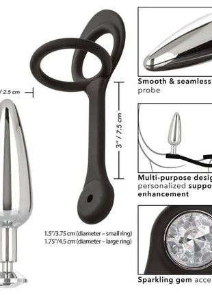 Silverfarbener metallplugs mit schwarzem silikongriff und funkelndem stein akzent basierend auf calexotics star fucker slim plug