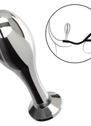 Shiny chrome-finished anal plug with tapered head and flared base from calexotics star fucker teardrop plug series