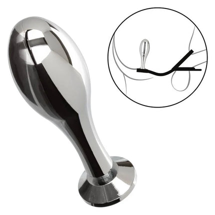 Shiny chrome-finished anal plug with tapered head and flared base from calexotics star fucker teardrop plug series