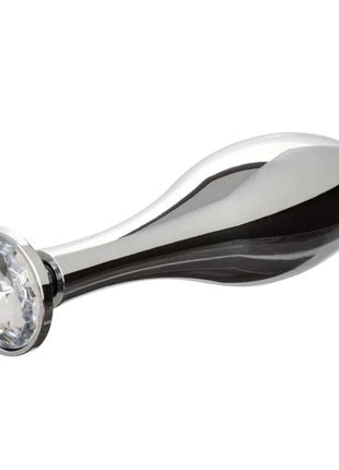 Shiny chrome-plated anal plug with faceted crystal gemstone by CalExotics star fucker teardrop plug