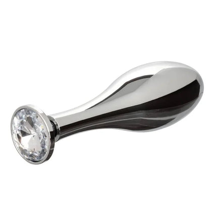 Shiny chrome-plated anal plug with faceted crystal gemstone by CalExotics star fucker teardrop plug