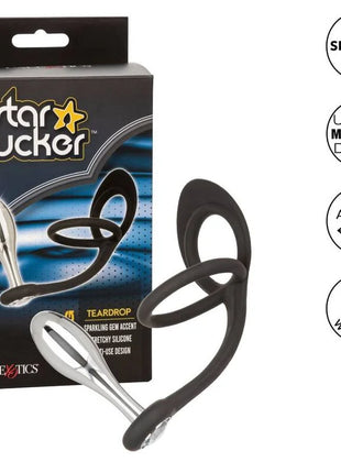 Calexotics star fucker teardrop plug schwarzer und silberner silikon plug mit funkelndem stein akzent