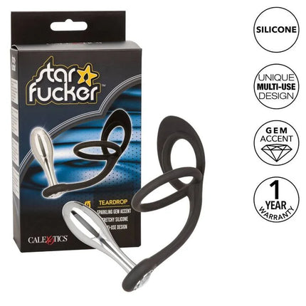 Calexotics star fucker teardrop plug schwarzer und silberner silikon plug mit funkelndem stein akzent