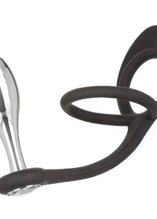 Schwarzes silikon und verchromtes metall erwachsenenspielzeug mit gebogenem griff und klarer kristallverzierung von calexotics star fucker teardrop plug
