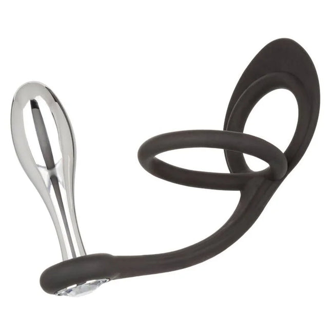Schwarzes silikon und verchromtes metall erwachsenenspielzeug mit gebogenem griff und klarer kristallverzierung von calexotics star fucker teardrop plug
