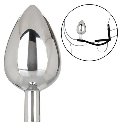 Shiny chrome-plated anal plug with tapered teardrop head and smooth cylindrical shaft from CalExotics Star Fucker XL Teardrop Plug