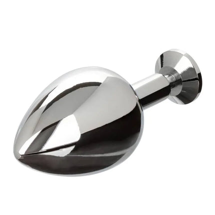 Shiny chrome-finished anal plug with smooth rounded head and flared base from calexotics star fucker xl teardrop plug