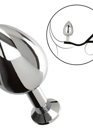 Shiny chrome-plated metal anal plug with rounded teardrop head and flared base from calexotics star fucker xl plug