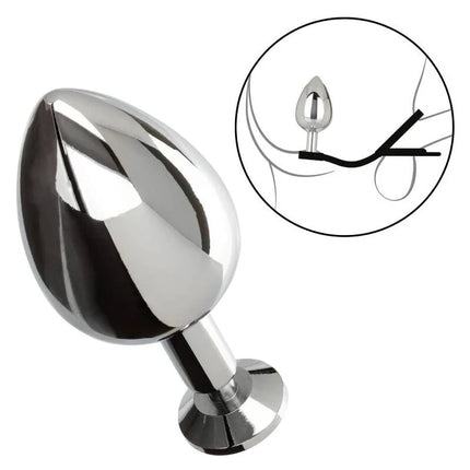 Shiny chrome-plated metal anal plug with rounded teardrop head and flared base from calexotics star fucker xl plug