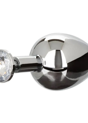 Shiny chrome-plated butt plug mit facettiertem kristallstein an der kappe von calexotics star fucker xl teardrop plug