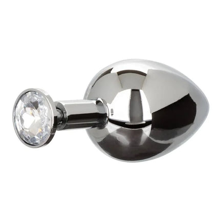 Shiny chrome-plated butt plug mit facettiertem kristallstein an der kappe von calexotics star fucker xl teardrop plug