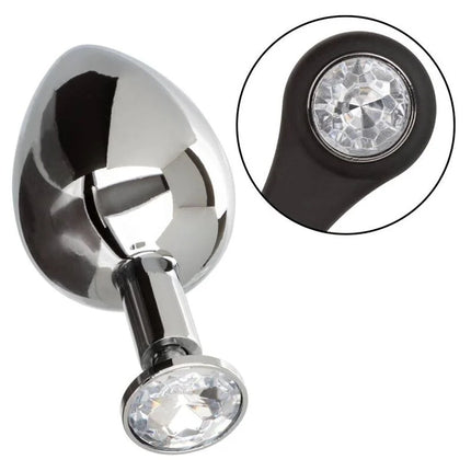 Shiny chrome-plated anal plug with two clear faceted crystal stones set in black rubberized bases by calexotics