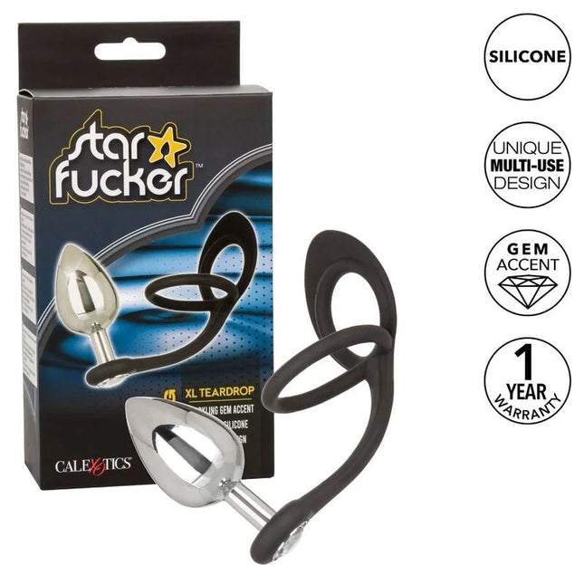 Calexotics star fucker xl teardrop plug schwarzer und silberner silikon analplug mit glanzstein für vielseitige anwendung