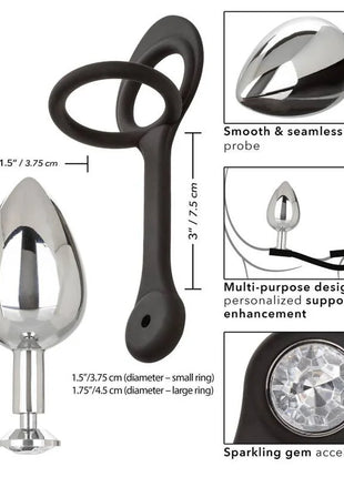 Silver metallic teardrop plug with black silicone handle and sparkling gem accent von calexotics star fucker xl