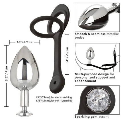 Silver metallic teardrop plug with black silicone handle and sparkling gem accent von calexotics star fucker xl
