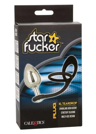 Silberner tropfenförmiger plug mit schwarzem dehnbarem silikonring und funkelndem stein von calexotics star fucker xl